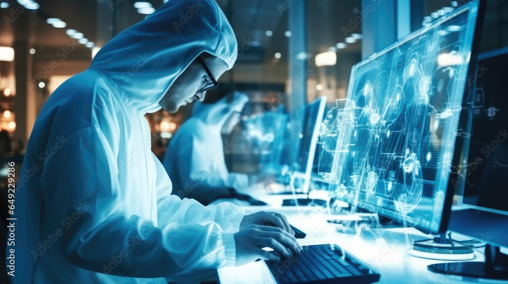 Poster IT Engineers Working in Supercomputer Room, Development of a quantum computer, Network background.