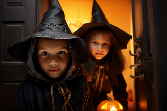 cute kids sith wizard hat standing in front of a door asking for trick or treat as a part of halloween event.