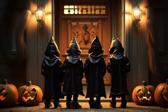 cute kids sith wizard hat standing in front of a door asking for trick or treat as a part of halloween event.