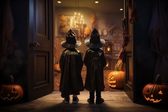 cute kids sith wizard hat standing in front of a door asking for trick or treat as a part of halloween event.
