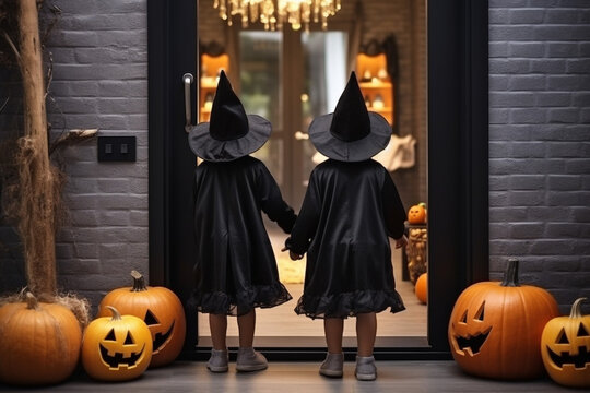cute kids sith wizard hat standing in front of a door asking for trick or treat as a part of halloween event.