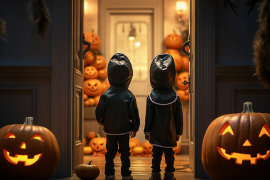 cute kids sith wizard hat standing in front of a door asking for trick or treat as a part of halloween event