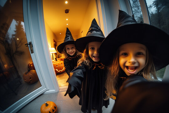cute kids sith wizard hat standing in front of a door asking for trick or treat as a part of halloween event.