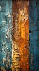 Old Distressed Wood Slat Background Wallpaper for Vertical Product Placement Advertisement. Painted Stained Weathered Sea Ocean Boards. Orange, Blue, White. 9:16 Aspect Ratio.
