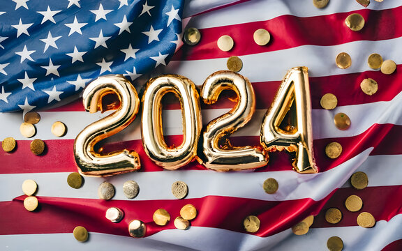 2024 Text gold 3D on the background of the American flag and coin gold,2024 text on US flag,top view, happy new year text.