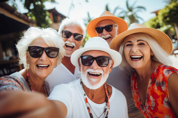 Joyful Senior Socialites Capturing Memories - Older Friends Celebrate Life, Laughter, and Friendships in the Sunshine. created with Generative AI