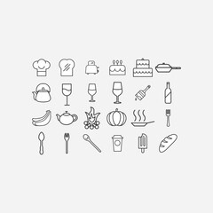 set of icons on white. Cook book, cooking time, mixed, pepper and salt, fork and spoon, pan, board and knife and more. Vector elements on a white background. Ready for your design.