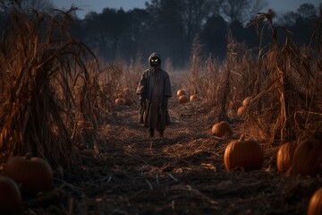 scary scarecrow in the field - obrazy, fototapety, plakaty