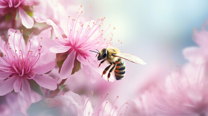 bee and beautiful pink flower, spring summer season