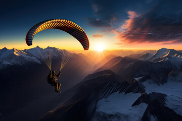 paraglider fly in beautiful mountain landscape at sunset - obrazy, fototapety, plakaty