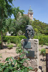 Mallorca, Spain - 18 June, 2023: Bust of composer Frederic Chopin in the gardens of the town hall, Valldemossa, Mallorca - obrazy, fototapety, plakaty