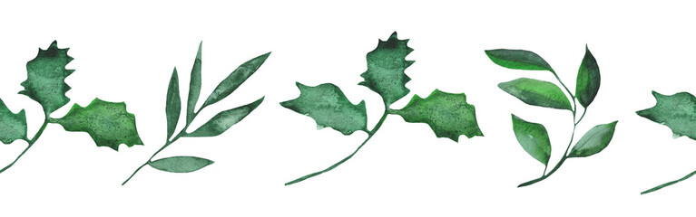 Greenery pattern. Border with branch and leaves. Vintage botanical plant