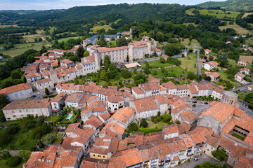 Fototapeta na wymiar Aerial view of the beautiful french village of Saint-Lizier in southern France, Ariège, Occitanie 