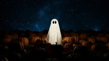 Ghost in field of pumpkins at night, Halloween. Glowing ghost sheet. 3d render