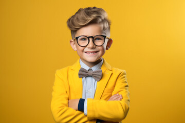 Happy schoolboy or smart little student boy in suit portrait on yellow background. back to school
