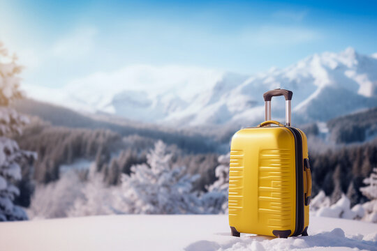 Travel alone. Single yellow suitcase, luggage, in winter lanscape. Time for vacation in the ski slopes. Blurred bokeh background with copy space.