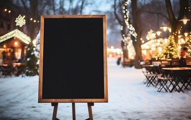 Empty menu board on the street in wintertime. Festive fair lights. Chalkboard menu sign mockup