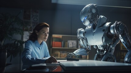 Fototapeta premium Female engineer examines robot's AI mechanism, searching for a solution. Using a laptop at an industrial technology factory