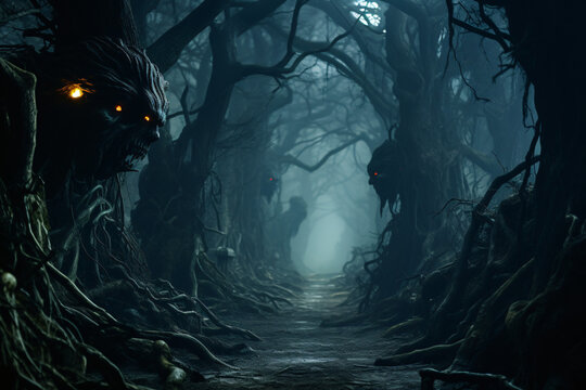 Illustration of a misty forest path with gnarled trees and glowing eyes peering from the darkness, evoking a spine - chilling journey into the unknown.Generative Ai