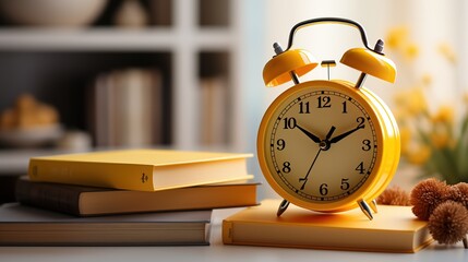 Naklejka premium A yellow alarm clock stands on a stack of books on a student's desk. Time for new knowledge