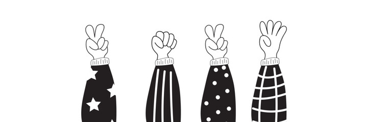 Illustration. Hand drawn illustration of a hand showing the numbers 2024 in doodle style, Happy New Year 2024 in doodle style.