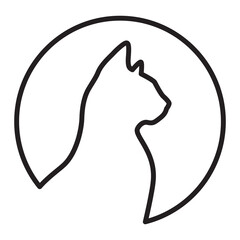 Cat profile black silhouette in a round frame. One line Illustration on transparent background