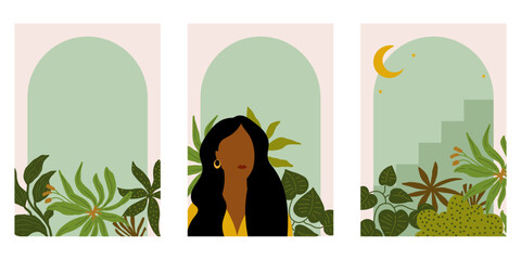 Tropical plants and woman cards