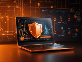 Cybersecurity - Laptop with Shield - Orange