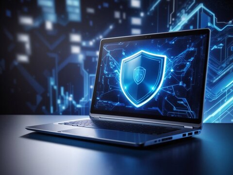 Cybersecurity - Laptop with Shield - Blue