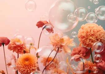 Floral plant creative concept, flowers bubble and smoke explosion, mist of delicate colors on pastel autumn color background. Romantic decoration, copy space layout for text. Fall or spring creative.