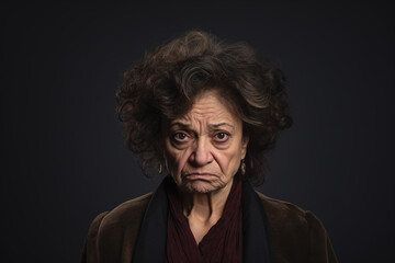 Portrait of an older woman looking at the viewer. Her face is sad or worried. Dark studio backdrop.
