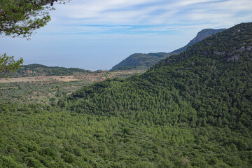 Esporles, Spain - 11 June, 2023: Views of the Tramuntana Mountains from the GR221 trail, Esporles, Mallorca