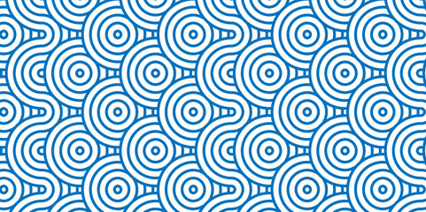 	
Seamless geometric ocean spiral pattern and abstract circle wave lines. blue seamless tile stripe geomatics overloping create retro square line backdrop pattern background. Overlapping Pattern.