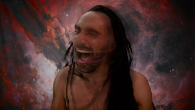 Laughing man with dreadlocks, cosmic ecstasy in surreal setting