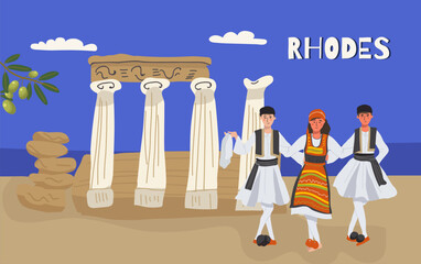 Vector illustration of hand drawn landmarks, attractions and symbols of Greece in doodle style. Characters people dance sirtaki. Tourism, travel.