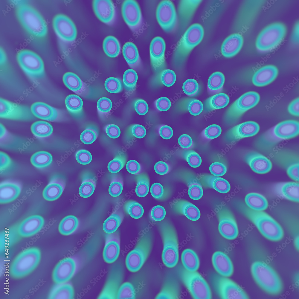 Poster 3d rendering digital illustration of a pattern of spiral neon colored objects. Futuristic background