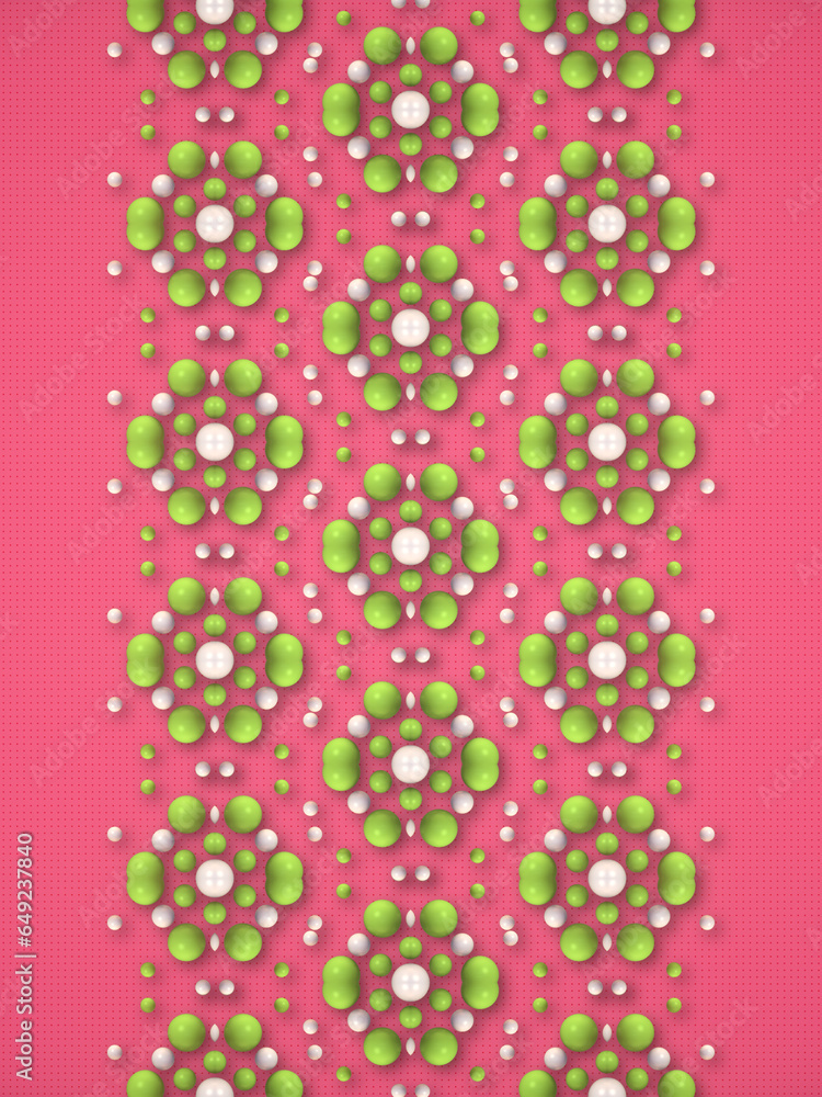 Poster pattern of green and white shiny pearlescent spheres on pink surface. 3d rendering digital illustrat