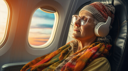 Old woman in winter clothes enjoying relax with headphones in airplane travel.