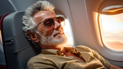 Old man enjoying relax in airplane travel. Mature people and active life.