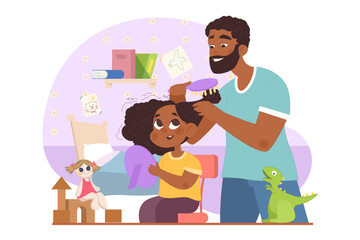 Father combing his daughter hair. Single black skin father brushing