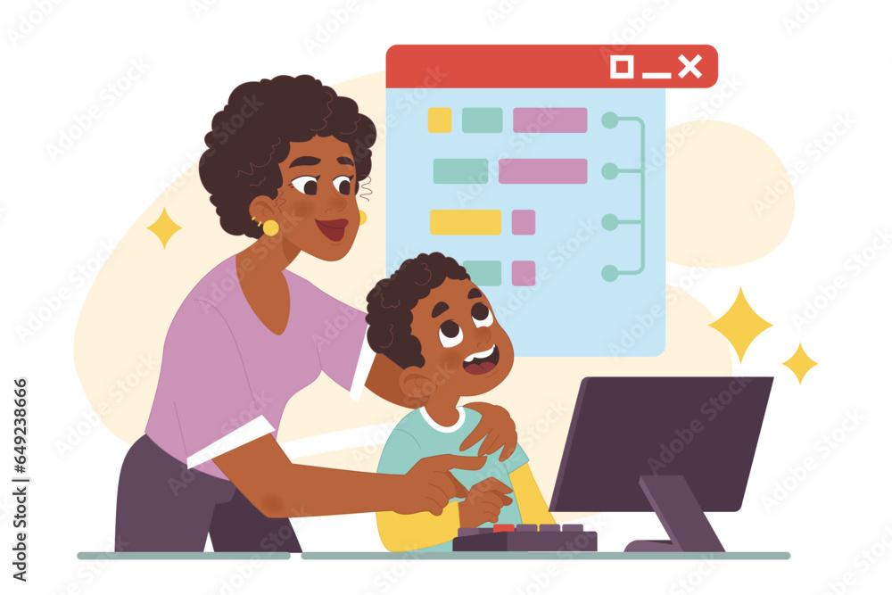 Poster computer science class for kids. little black boy programming and coding