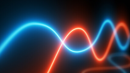 Fototapeta premium Neon blue and orange LED lines move and intertwine against the dark night. focal length of the camera. Image depth. 3D futuristic wallpaper.