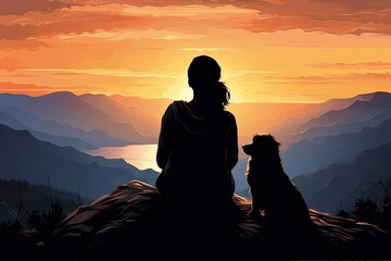 woman and dog silhouette sit on a cliff mountain view