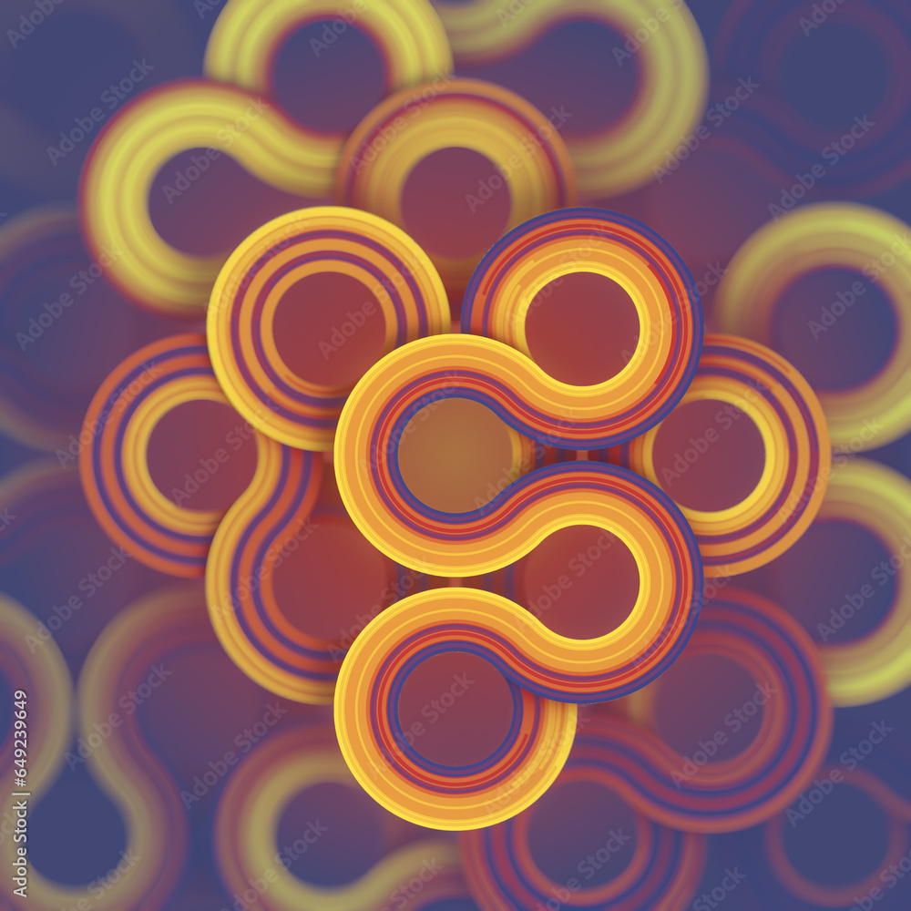 Leinwandbilder 3d rendering illustration of a pattern of rounded lines on an orange and purple digital background