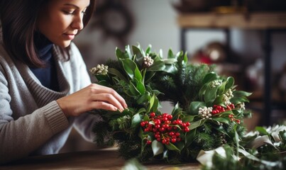 Female florist making christmas wreath at modern flower shop - obrazy, fototapety, plakaty
