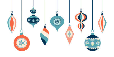 Set of Christmas retro balls. Hand drawn baubles. Xmas holiday decoration elements.