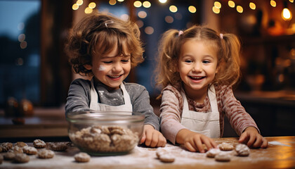 Niños adorables pasandolo bien preparando y cocinando galletas en la cocina de casa.Ia generado.