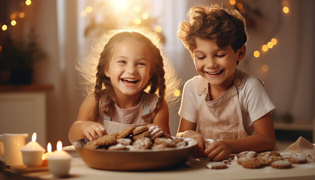 Ni&ntilde;os adorables pasandolo bien preparando y cocinando galletas en la cocina de casa.Ia generado.
