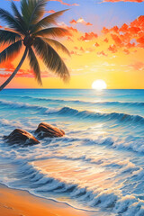 Fototapeta na wymiar Picture of a sea sunset. Sunset on a tropical beach with a palm tree. Beautiful seascape at sunset in oil painting. generative AI