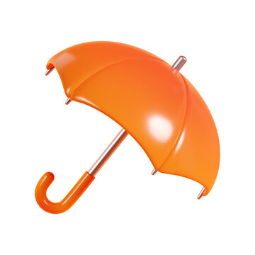 Open rain umbrella 3d render illustration. Cartoon icon of autumn and rainy weather orange  for seasonal design.